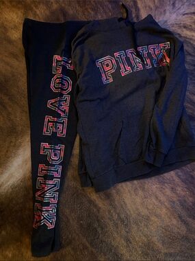 PINK Victoria's Secret Black Hoodie & Leggings Set with Red Accent Logo